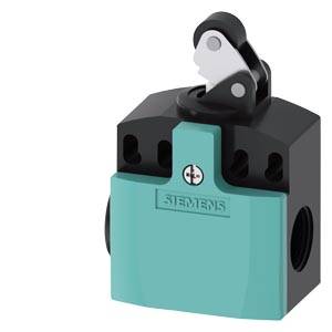Siemens Industriegrenzschalter mit schwarzem und türkisem Gehäuse und einem Rollenhebelbetätiger oben.