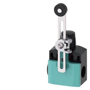 3D-Endschalter für industrielle Anwendungen mit metallischem Hebelarm und Rolle auf blaugrün-schwarzem Gehäuse, freigestellt auf weißem Hintergrund.