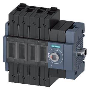Siemens Elektroschalter mit vier schwarzen Modulen und einem Drehregler, dargestellt in einer Produktansicht auf weißem Hintergrund.