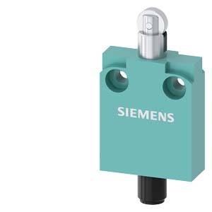 Siemens Industriesensor oder Grenzschalter mit türkisfarbenem rechteckigem Gehäuse, Befestigungslöchern und zylindrischem Betätiger oben.