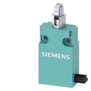 Ein blaugrüner Siemens-Industrie-Endschalter mit einem Metall-Betätigungshebel und einem seitlichen Steckerverbinder auf weißem Hintergrund.