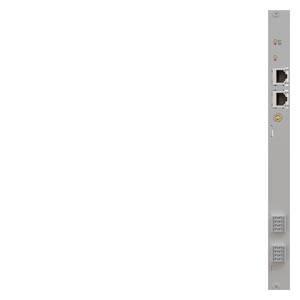 Schlankes graues Netzwerkgerätepanel mit zwei Ethernet-Anschlüssen, Statusleuchten und einem kleinen Lüftungsgitter auf weißem Hintergrund.