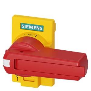 Roter Siemens-Drehtrennschalter auf gelbem Sockel, mit 