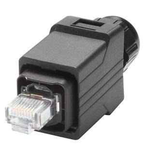 Schwarzer RJ45-Ethernet-Kabelkuppler-Adapter mit einem sichtbaren Stecker, der in den vorderen Anschluss eingesteckt ist