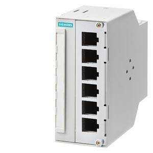 Weißer Siemens Industrial-Ethernet-Switch mit sechs vorderen Anschlüssen und Anzeigleuchten.