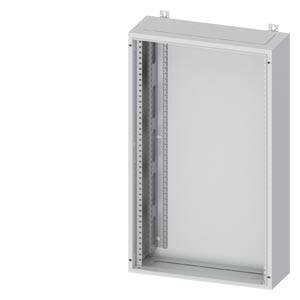 Grauer Metallschrank für Elektrotechnik mit offener Vorderseite, die Montageschienen im Inneren zeigt, um elektrische Komponenten zu beherbergen.