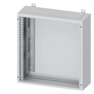Offener grauer Metallschrank für Elektroinstallationen mit Montageschienen im Inneren und einer leeren vorderen Öffnung.