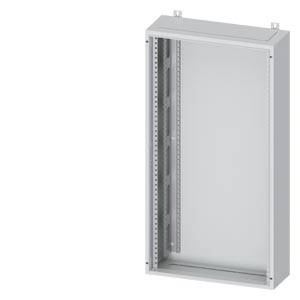 Grauer, an der Wand montierter Elektroverteilungsschrank mit offener Vorderseite, zeigt innere Montageschienen und Schwellenpunkte.