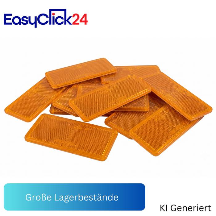 EasyClick24-Logo über einem Stapel von orangefarbenen rechteckigen Reflektoren, darunter der deutsche Text „Große Lagerbestände" und „KI Generiert"".