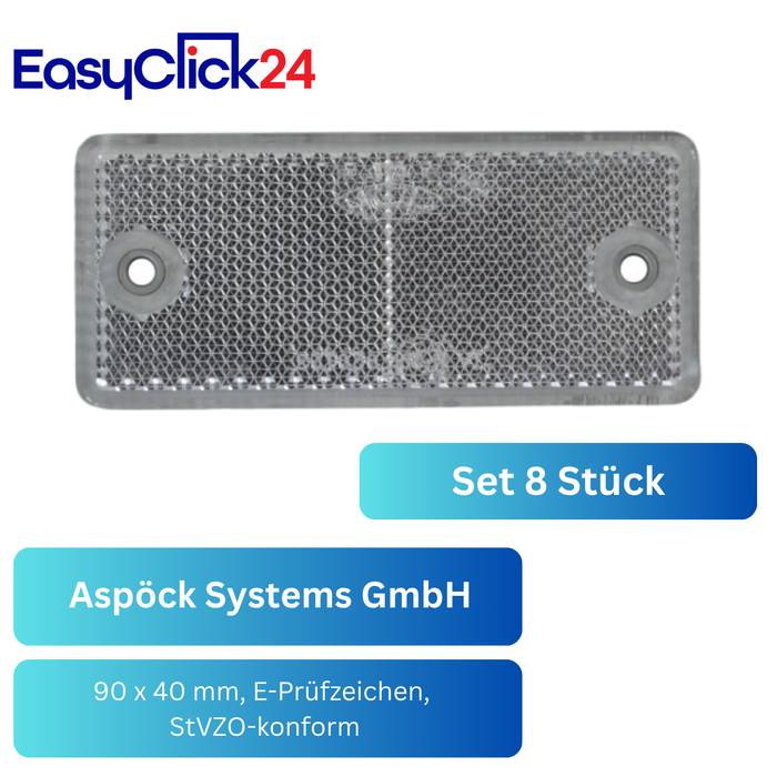 Produktlisting für einen rechteckigen grauen reflektiven Reflektor mit zwei Schraubenlöchern, gekennzeichnet mit „Set 8 Stück