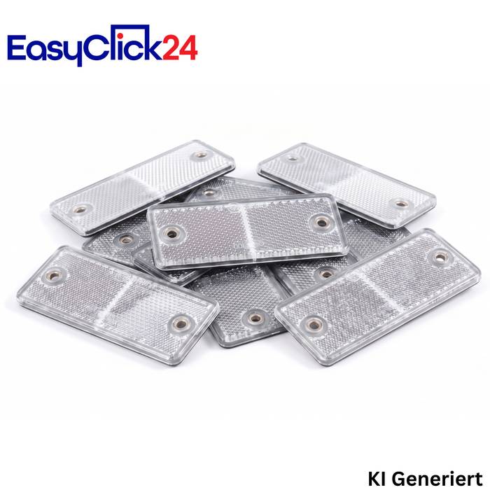 Stapel von klaren rechteckigen Reflektorplatten mit Bohrlöchern, gezeigt als EasyClick24-Produktbild auf weißem Hintergrund.