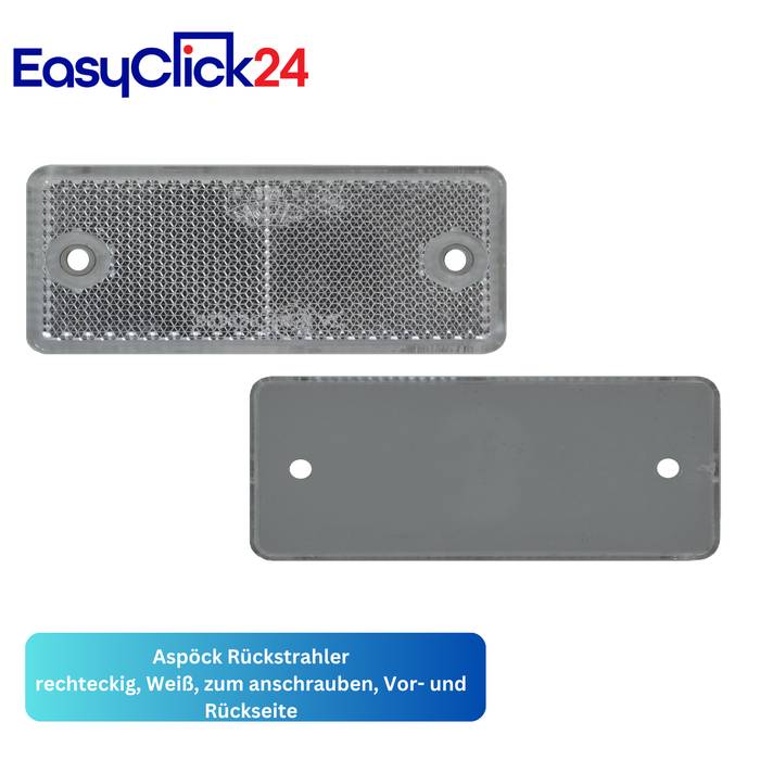 Produktbild eines rechteckigen Aspöck-Reflektors mit Schrauchlöchern, von vorne und hinten gezeigt; in Deutsch gekennzeichnet als weiß, zum Anschrauben, Vorder- und Rückseite.