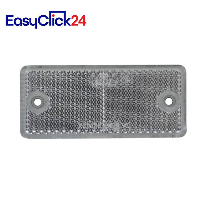 Rechteckiger silberner reflektierender Fahrzeugreflektoren mit zwei Befestigungslöchern, dargestellt auf weißem Hintergrund mit EasyClick24-Logo.