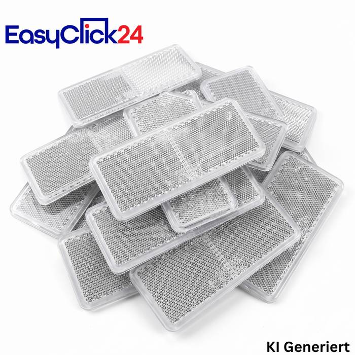Stapel von rechteckigen klaren reflektierenden Sicherheits-Fahrradreflektoren auf weißem Hintergrund, mit EasyClick24-Logo oben links und Text „KI Generiert" unten rechts.