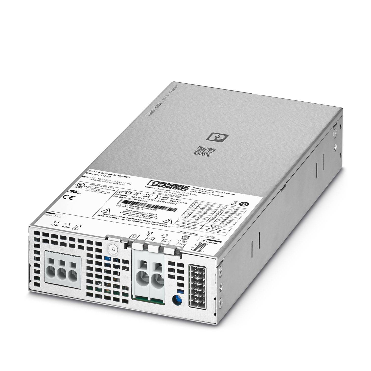 Silbernes Hot-Swap-Servernetzteil in einer vorderen Schrägansicht, mit sichtbaren Anschlussanschlüssen und Etikett.
