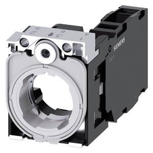 Nahaufnahme eines Siemens-Industrietasterschaltadapters mit kreisförmiger Frontöffnung und schwarzem Gehäuse auf der Rückseite.