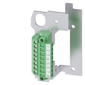 Grüner 8-poliger elektrischer Anschlussblock auf grauer Metallhalterung montiert.