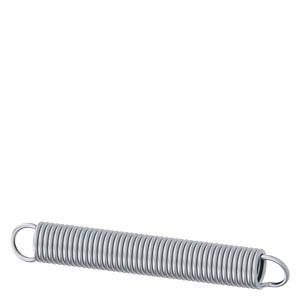 Nahaufnahme einer silbernen Metallangelzugspirale mit Hakenendigungen, horizontal auf weißem Hintergrund dargestellt.
