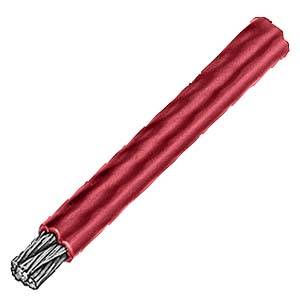 Rotes isoliertes Elektrokabel mit freiliegenden Silberdrahtlitzen an einem Ende, gezeigt auf weißem Hintergrund.
