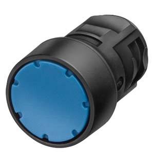 Schwarzer zylindrischer Elektrostecker mit blauer kreisförmiger Frontkappe, auf weißem Hintergrund dargestellt.