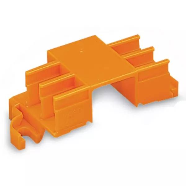 Orangefarbener Kunststoff-Kabelkanal-Verbinder mit mehreren Schlitzen, verwendet zum Verbinden oder Führen von Kabeln an einer rechtwinkligen Verbindungsstelle.