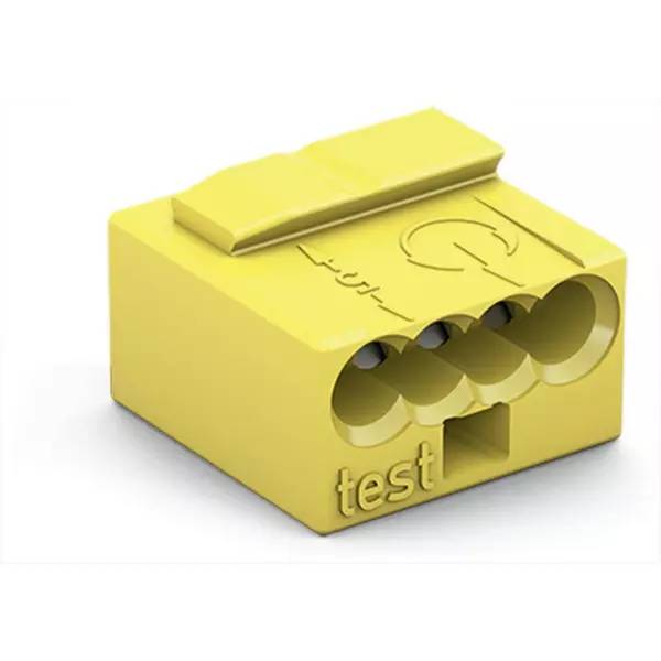 Gelber Kunststoff-Testblock mit mehreren kreisförmigen Löchern und geprägtem Text 