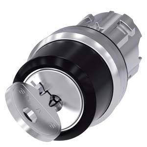 Metallischer schlüsselbetriebener Schalter oder Schlosszylinder mit kreisförmigem silbernem Gesicht und schwarzem Ring auf grauem Gehäuse