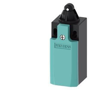 Siemens Industriegrenzschalter mit schwarzem Betätiger und petrolblauem Gehäuse auf weißem Hintergrund.