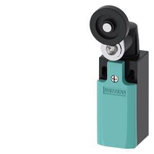 Siemens Industriegrenzschalter mit Rollenhebelbetätiger, isoliert auf weißem Hintergrund dargestellt.