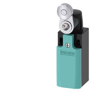 Ein Siemens-Industriegrenzschalter mit schwarzem und blaugrünem Gehäuse und einem silbernen Rollenaktuator oben.
