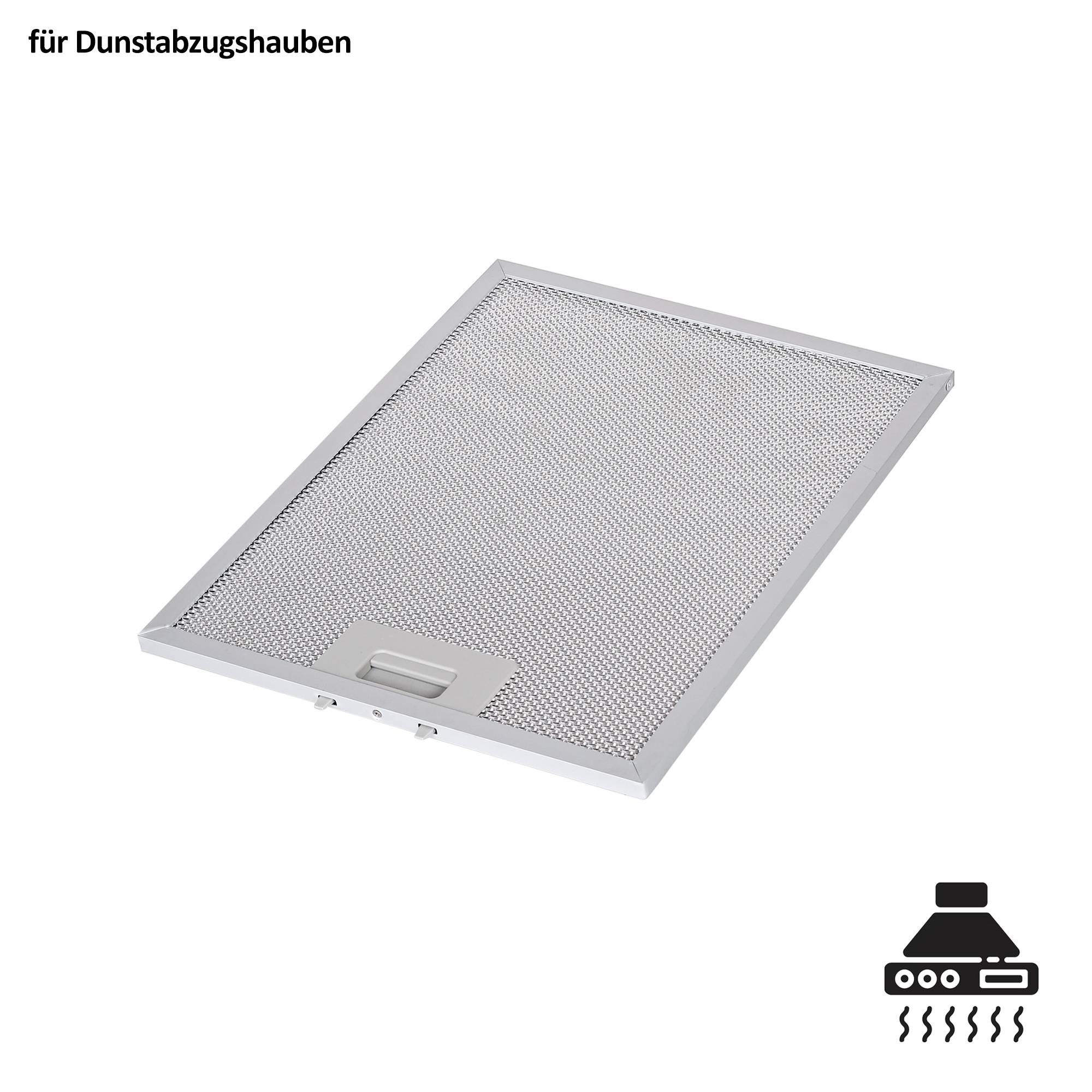 Metallgitterrauchfilterfür Dunstabzugshauben, vor weißem Hintergrund dargestellt.