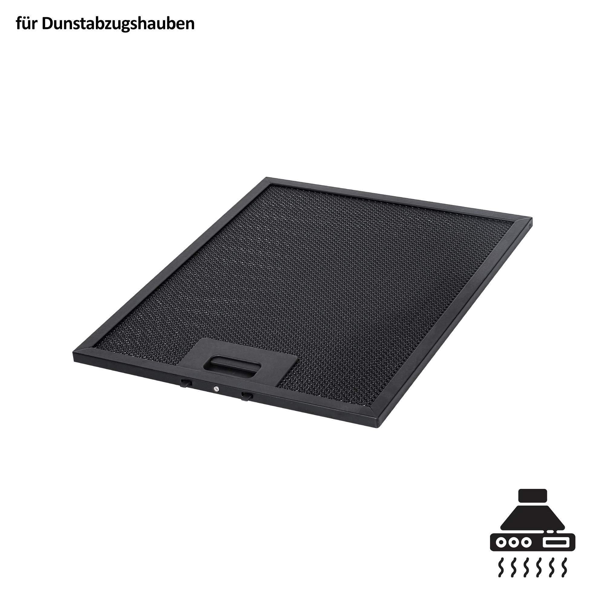 Schwarzes Mesh-Fettfilter für eine Dunstabzugshaube, in schrägem Winkel auf weißem Hintergrund dargestellt mit der Beschriftung „für Dunstabzugshauben