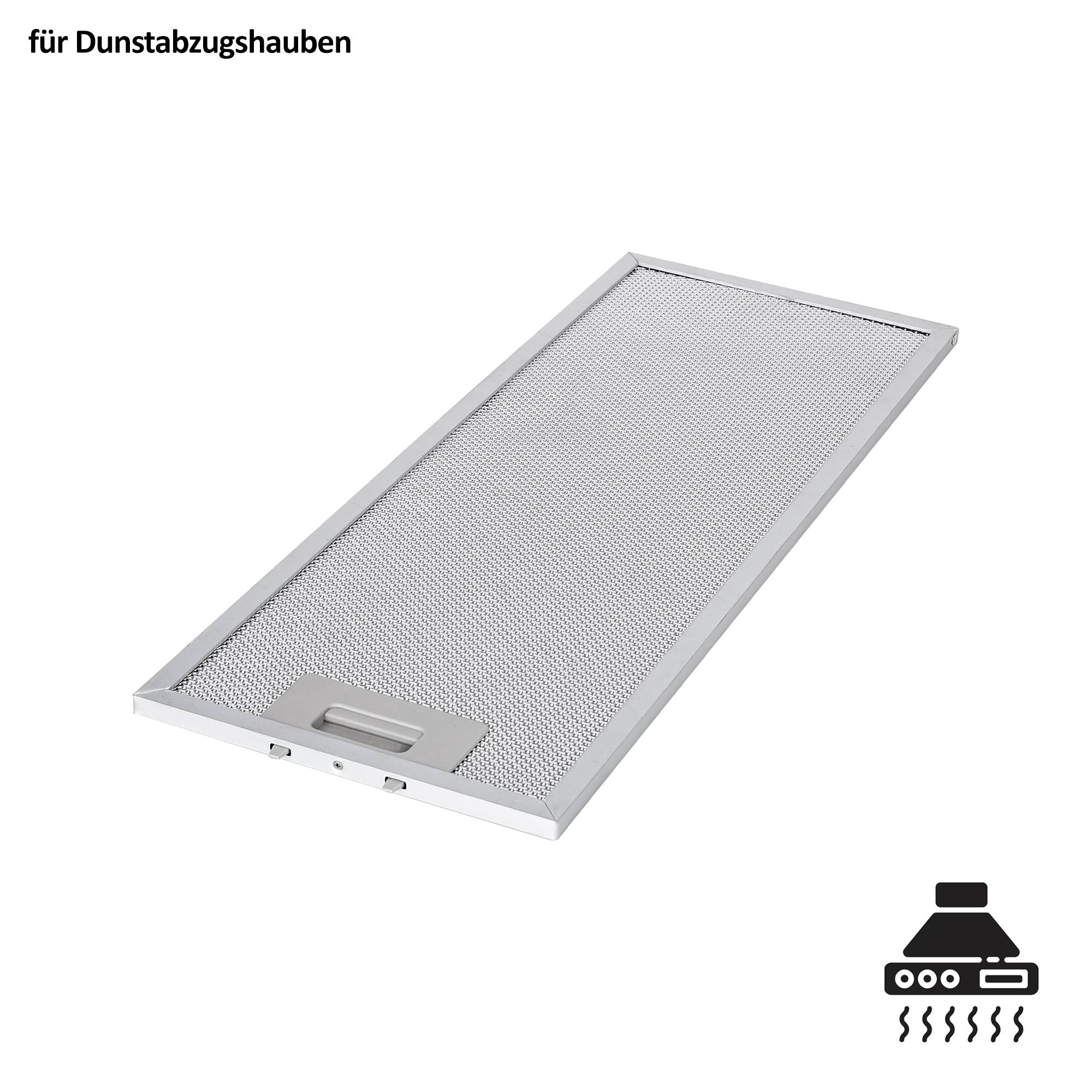 Metallgitter-Dunstabzugshauben-Fettfilter-Panel auf weißem Hintergrund, gekennzeichnet mit „für Dunstabzugshauben
