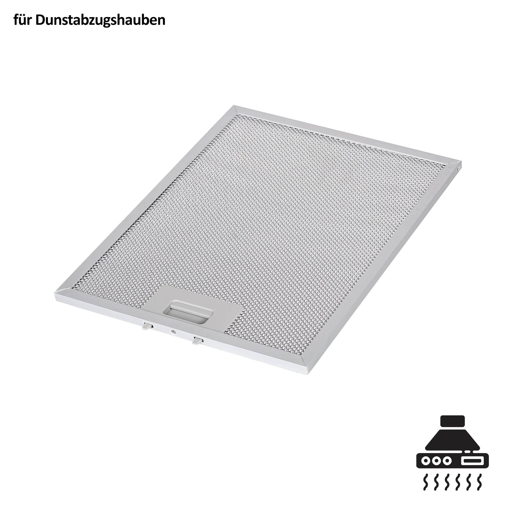 Metallisches Fettfilter für Dunstabzugshauben, in schräger Ansicht auf weißem Hintergrund dargestellt.