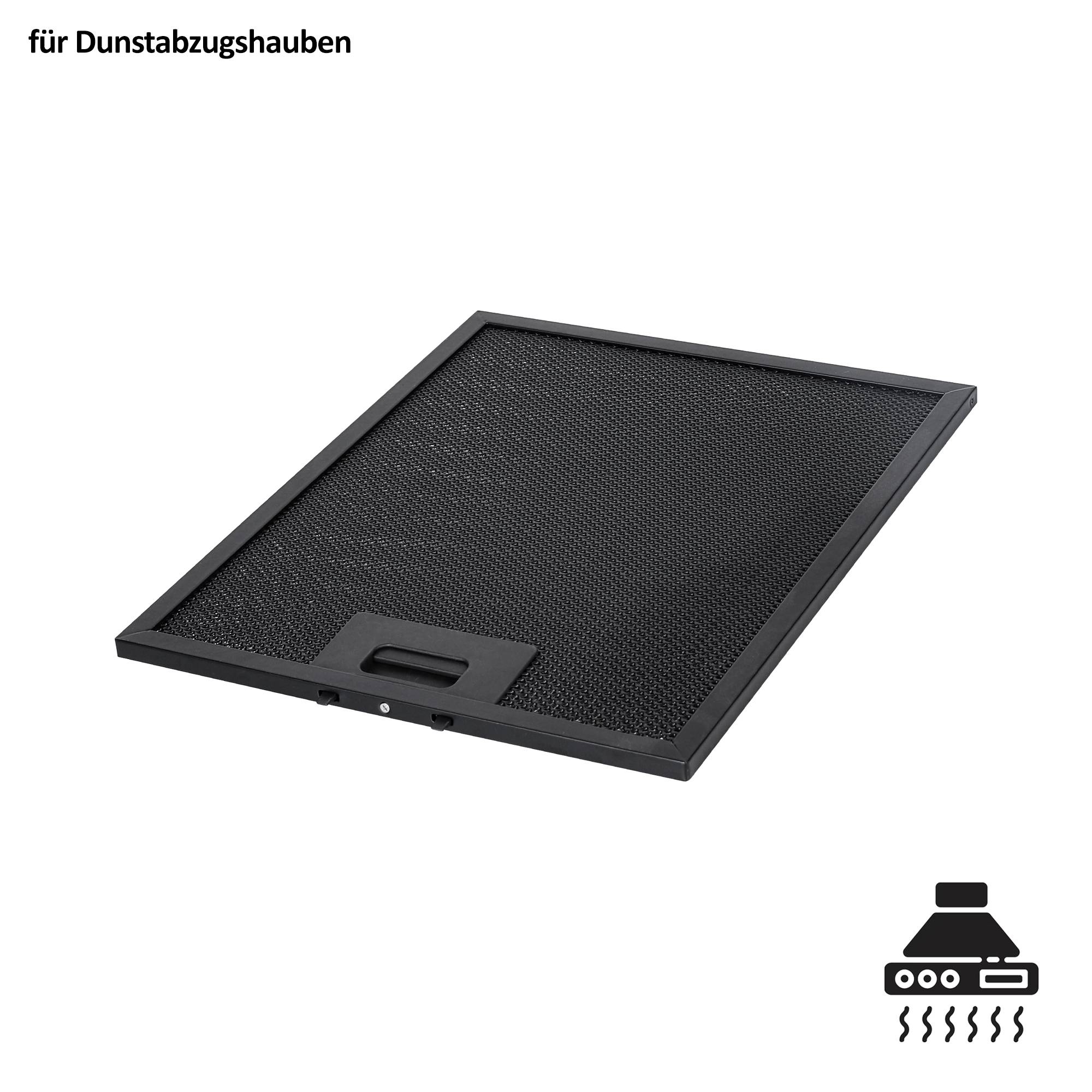 Schwarzes Mesh-Fettfilter-Panel für eine Dunstabzugshaube, gezeigt auf weißem Hintergrund mit der deutschen Beschriftung „für Dunstabzugshauben