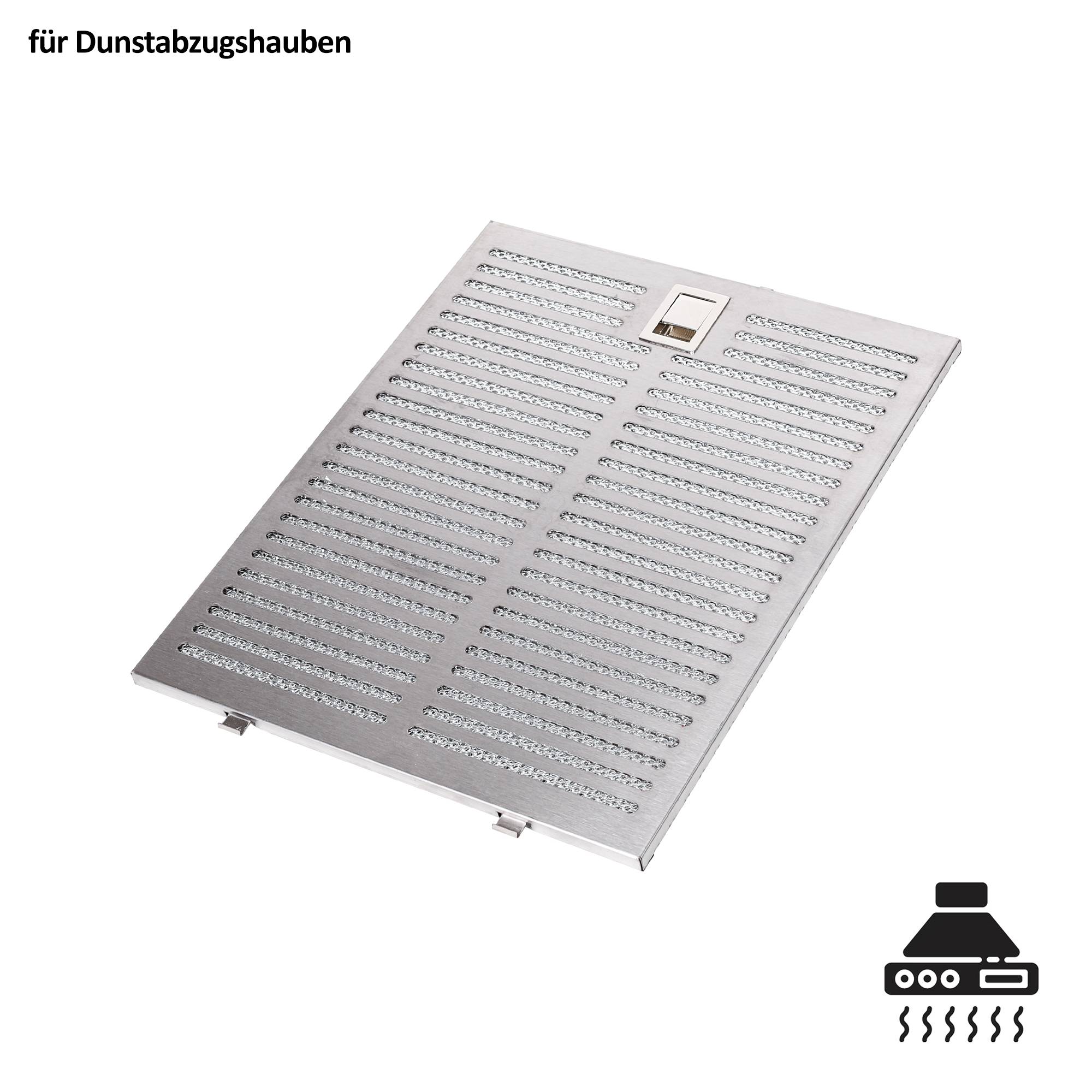 Silbermetall-Fettfilter-Panel für eine Dunstabzugshaube, gezeigt auf weißem Hintergrund mit dem Text „für Dunstabzugshauben