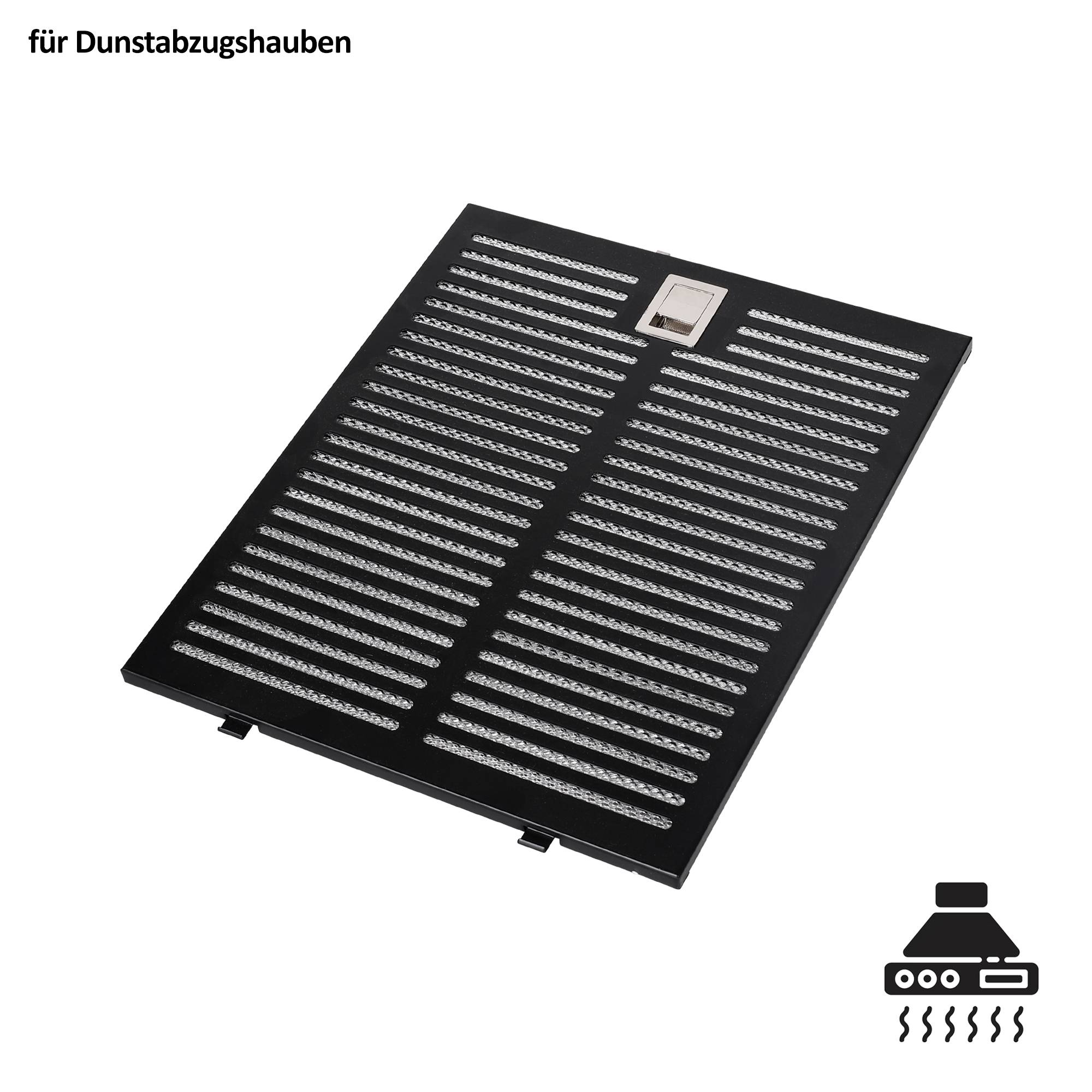 Schwarzer Metall-Dunstabzugshaube mit Schlitzlüftungen und einer zentralen Verriegelung, gezeigt vor weißem Hintergrund mit dem deutschen Etikett „für Dunstabzugshauben