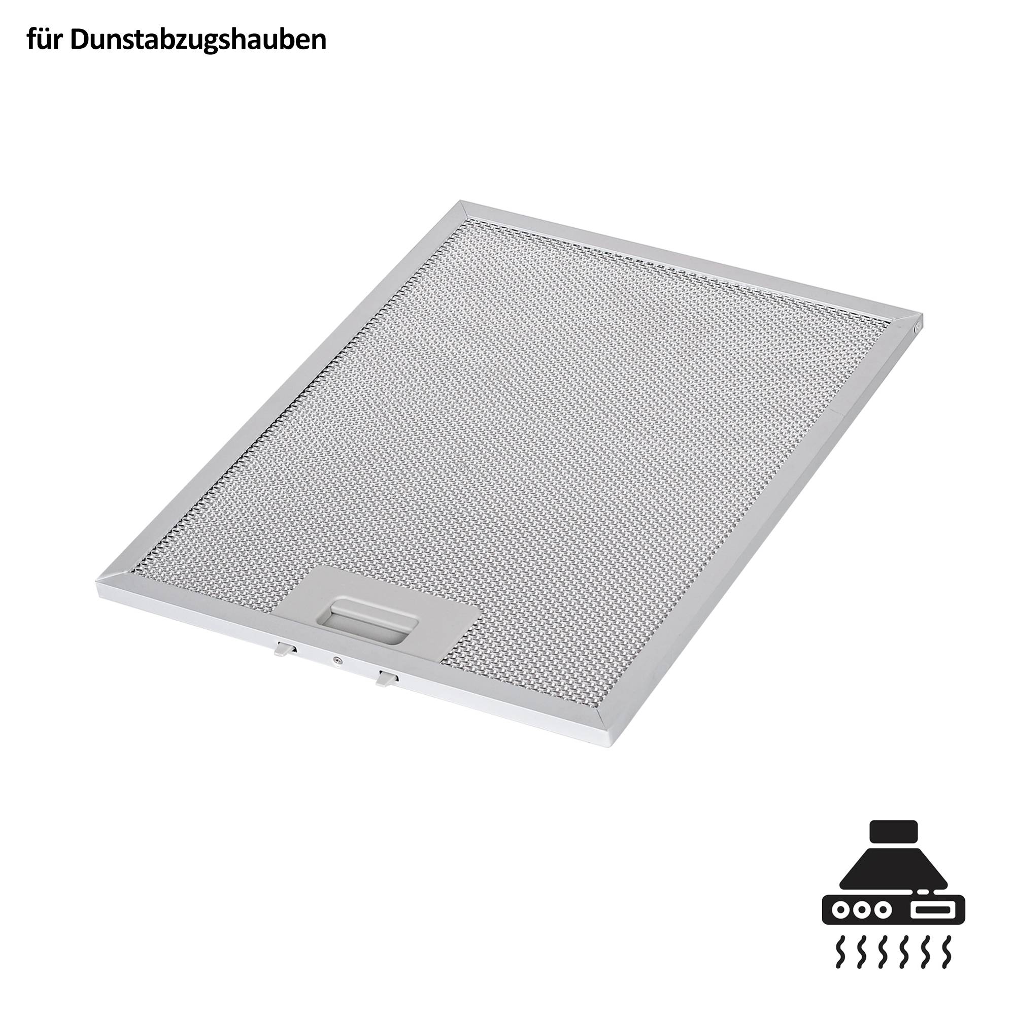 Rechteckiger Metallettfettfilter für eine Dunstabzugshaube, dargestellt in Silber mit Netzoberfläche und Griff.