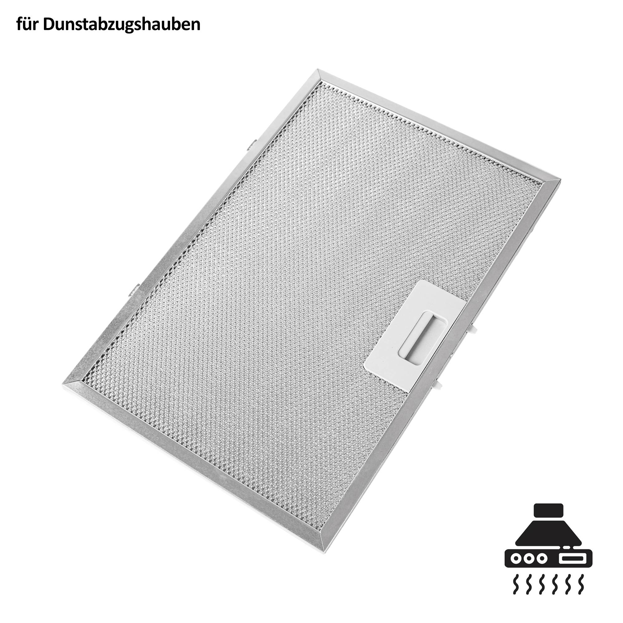 Metallgitter-Fettfilter für eine Dunstabzugshaube, in schräger Ansicht mit Griff dargestellt; deutscher Text sagt „für Dunstabzugshauben