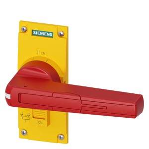 Roter Siemens-Drehschalter mit Ein-/Ausposition, gelber Montageplatte und langem roten Griff, dargestellt in der EIN-Position.