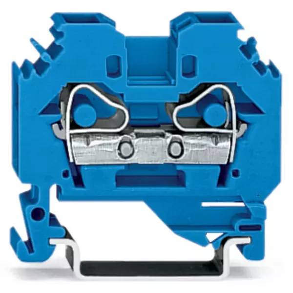 Blauer Elektroterminalblock im Querschnitt mit internen Metallkontakten und Drahtklemmenmechanismus.