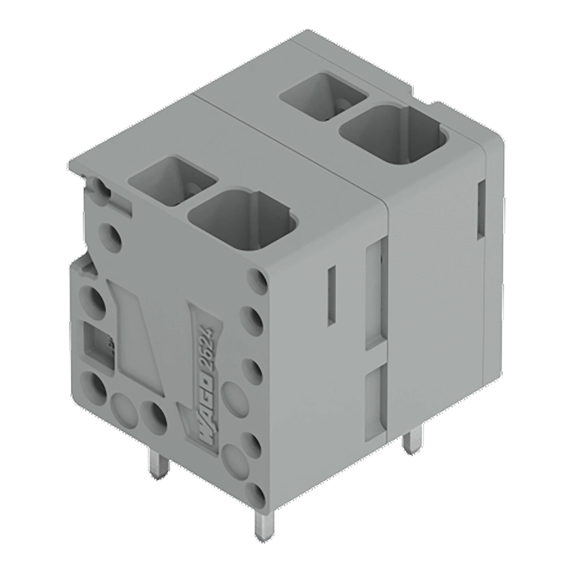 Grauer Elektro-Klemmleistenverbinder mit mehreren Drahteinführungsöffnungen und Metallstiften, dargestellt in isometrischer Ansicht auf weißem Hintergrund