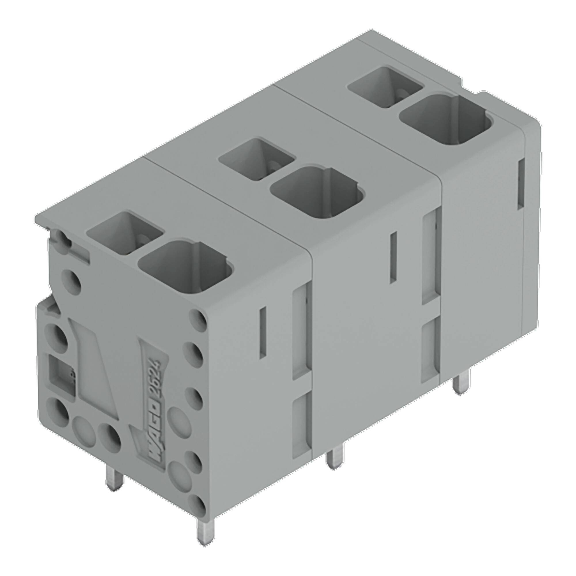 Grauer elektrischer Steckerklemmblock mit mehreren Drahtöffnungen und Metallstiften, auf weiß Hintergrund in 3D dargestellt.