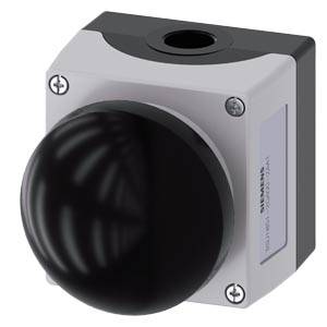 Industrieller Sensor mit einer großen schwarzen Kuppellinse in einem grauen rechteckigen Gehäuse, dargestellt auf weißem Hintergrund.