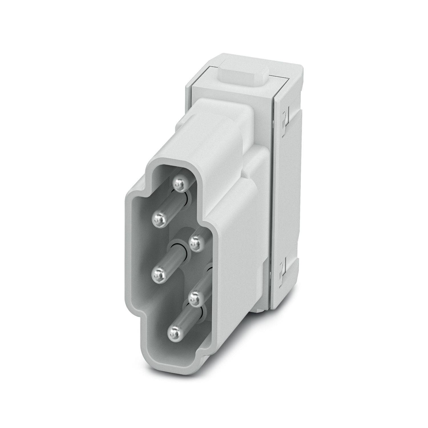 Weißer fünfpoliger Industrie-Elektrostecker auf einfachem Hintergrund, in angewinkelter Nahaufnahme gezeigt.