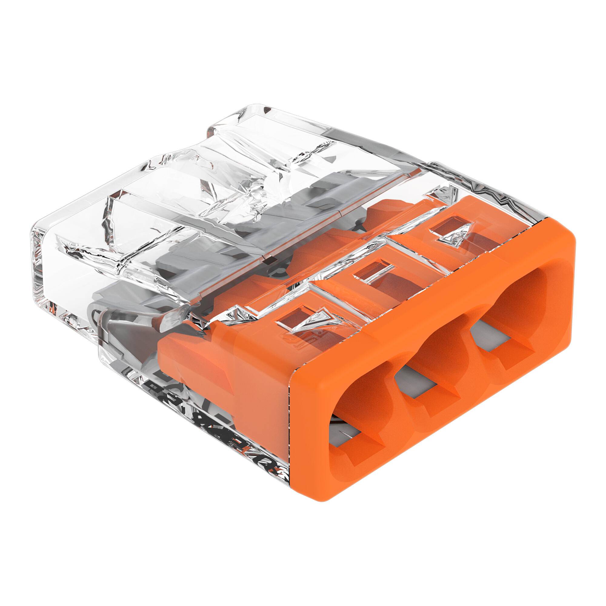 Nahaufnahme eines transparenten orangefarbenen dreipoligen Elektrokabels mit internen Metallkontakten.