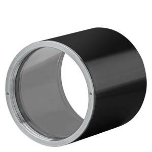 Schwarzes zylindrisches Rohr oder Rohranschluss mit silbernem Rand und transparenter Endkappe auf weißem Hintergrund.