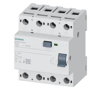 Weißer Siemens-Elektroschutzschalter mit vier Anschlüssen und einem Kippschalter, vor einem einfachen Hintergrund dargestellt.