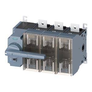 Dreipoliger elektrischer Leistungsschalter mit transparenter Frontabdeckung und Montageklemmen.