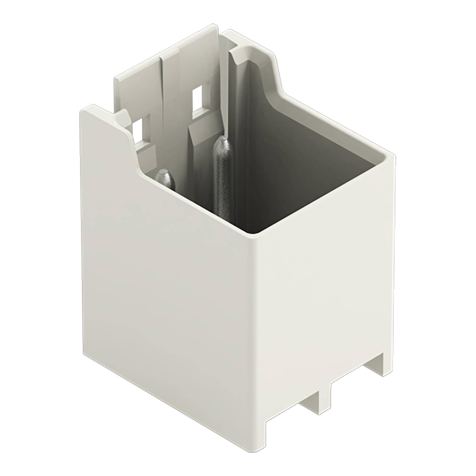 Weiße Kunststoff-Eckbefestigungshalterung oder Stecker mit offener Oberseite und internen Metallstiften, gezeigt vor einem einfachen Hintergrund.